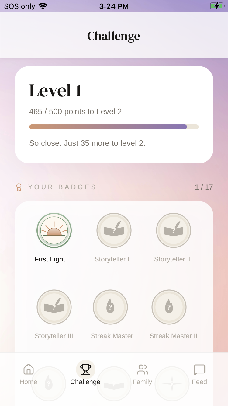 Huddle challenge screen with level progress and badges